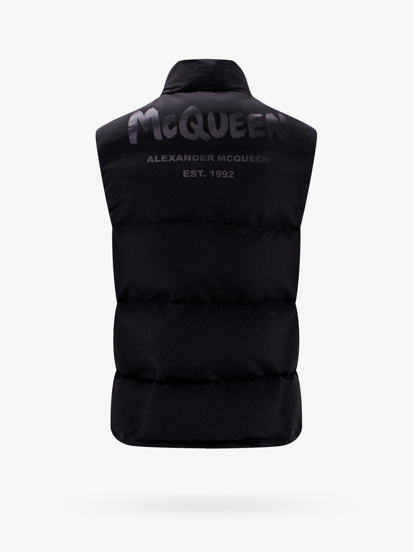 Padded and quilted nylon sleeveless jacket with back mcqueen graffiti print
