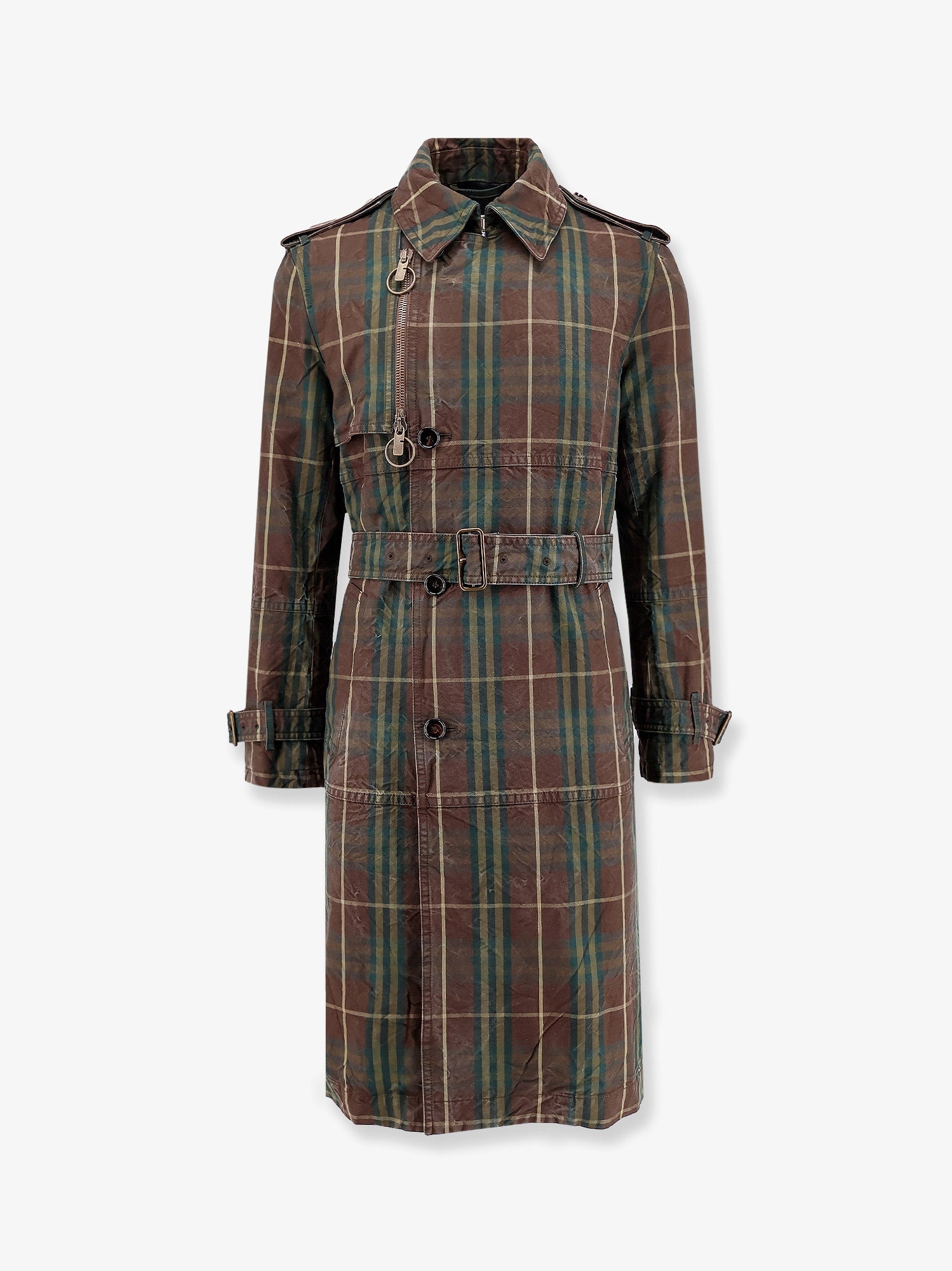 Cotton Plaid Trench Wheatfield Cream With Taupe Green Checks-Plaid