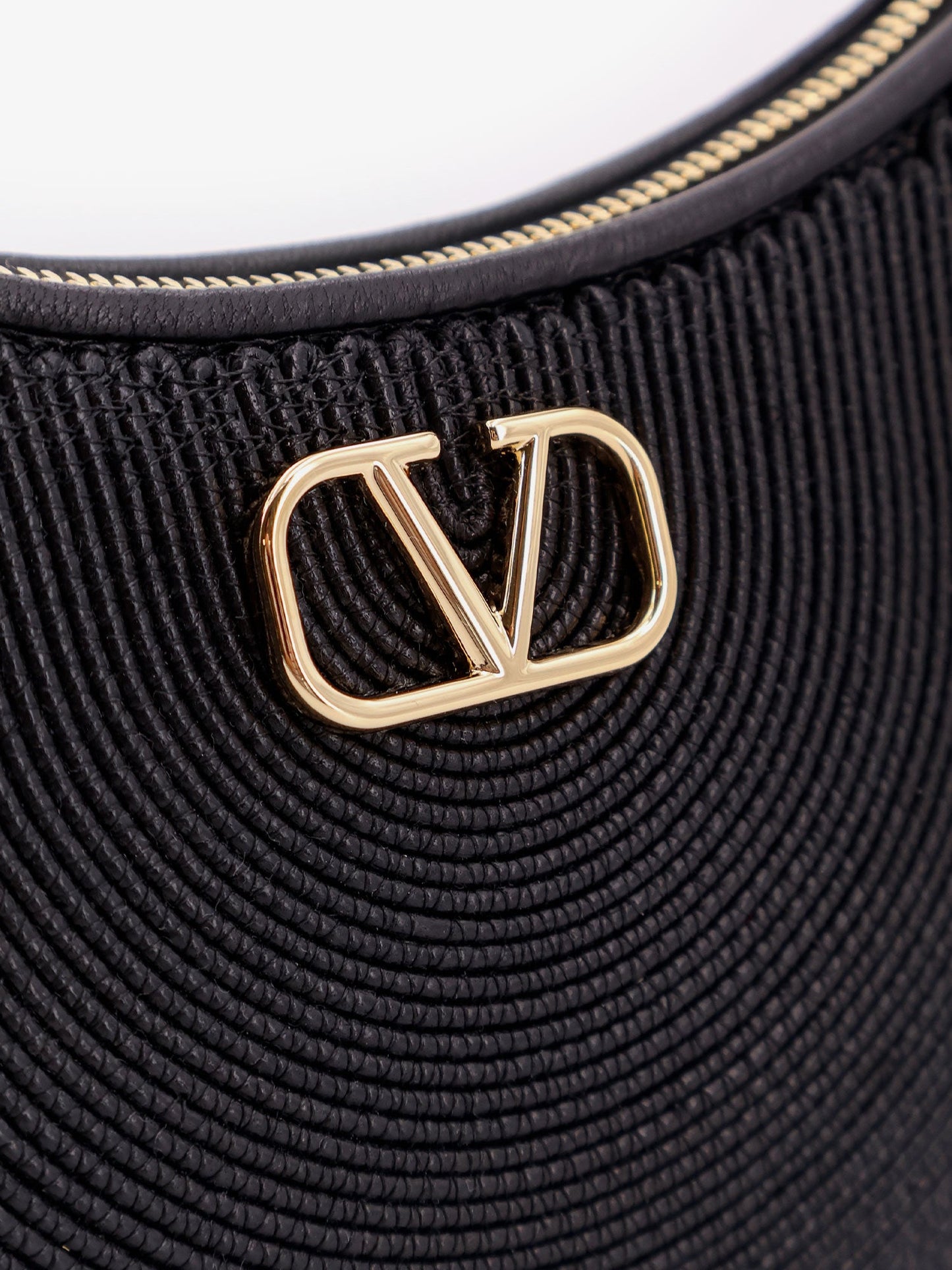 Mini hobo vlogo signature valentino garavani leather and rafia bag with metal and leather shoulder strap