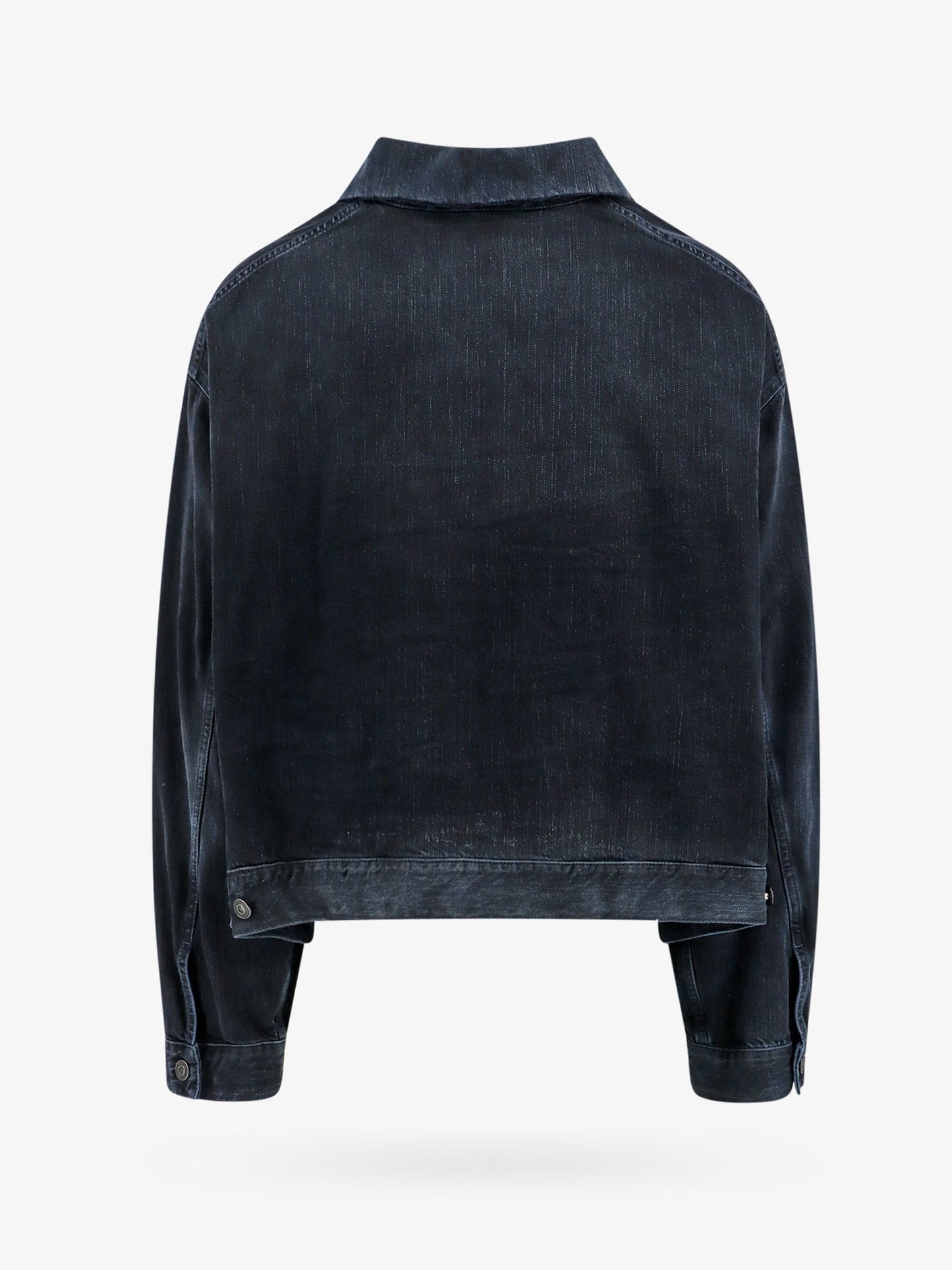 Denim off shoulder jacket with logoed buttons