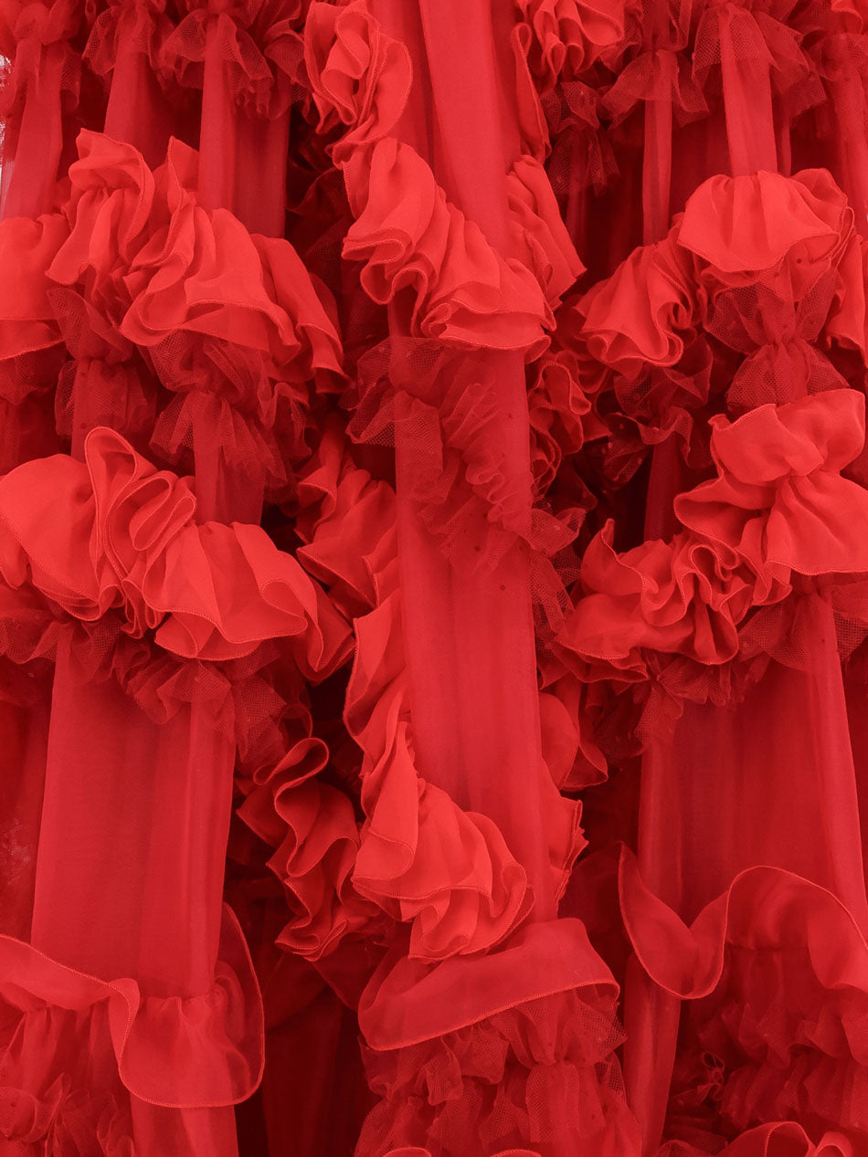Long dress with flounces and rouches