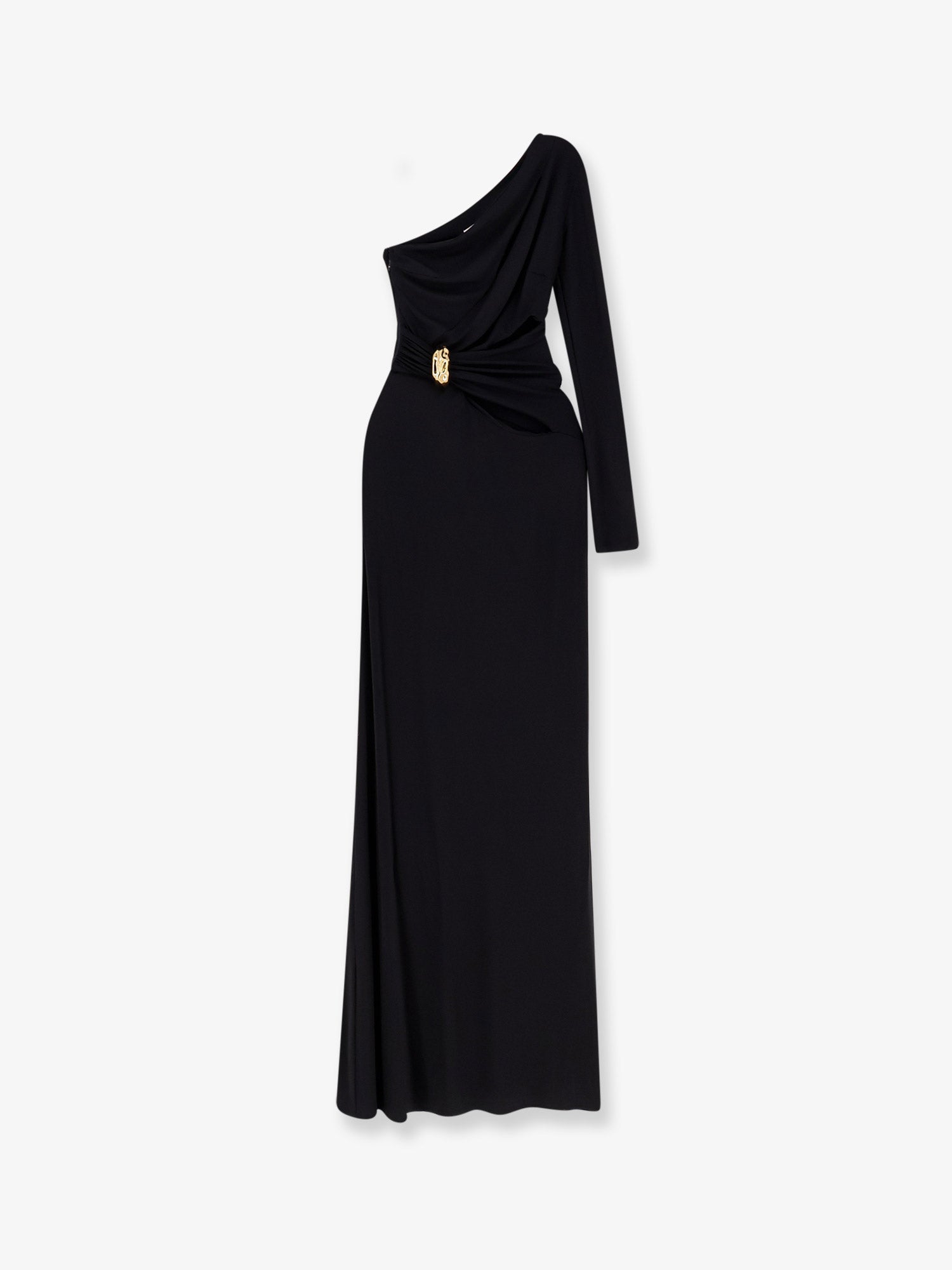 elisabetta franchi maxi dress ELISABETTA FRANCHI Red carpet one-shoulder dress in lurex jersey with 3/4 sleeve. The waistline is emphasized by a belt over the pleated skirt with a wide side slit. Model @shaileymicallef #elisabettafranchi #ss24