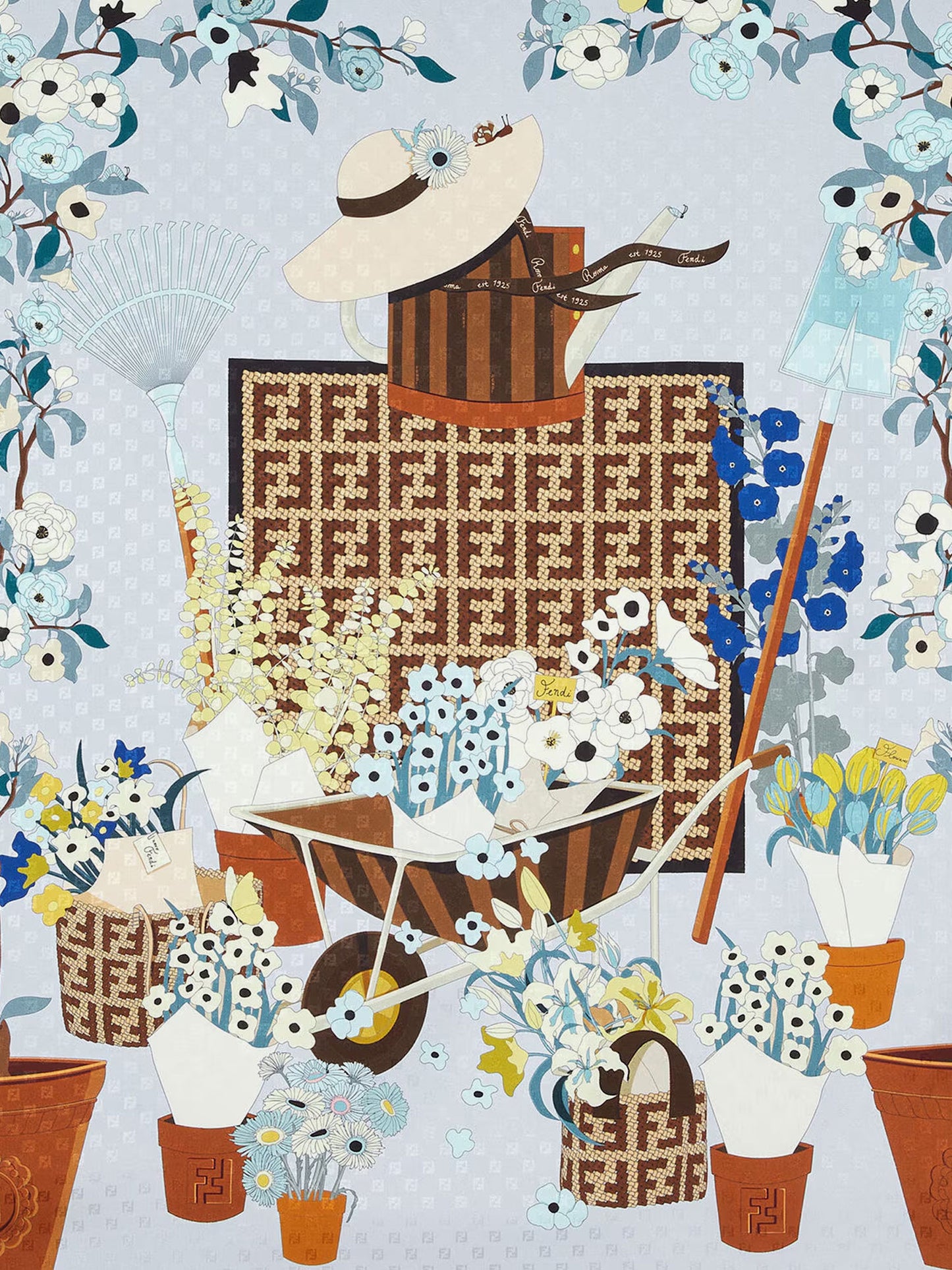 Silk scarf with Gardening print