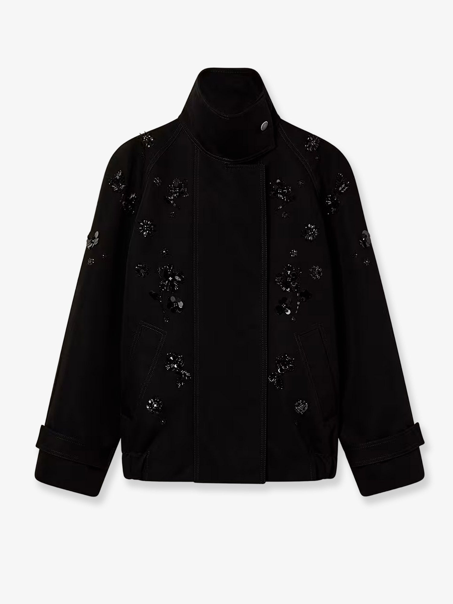 Black denim jacket with floral details in sequins and crystals 
