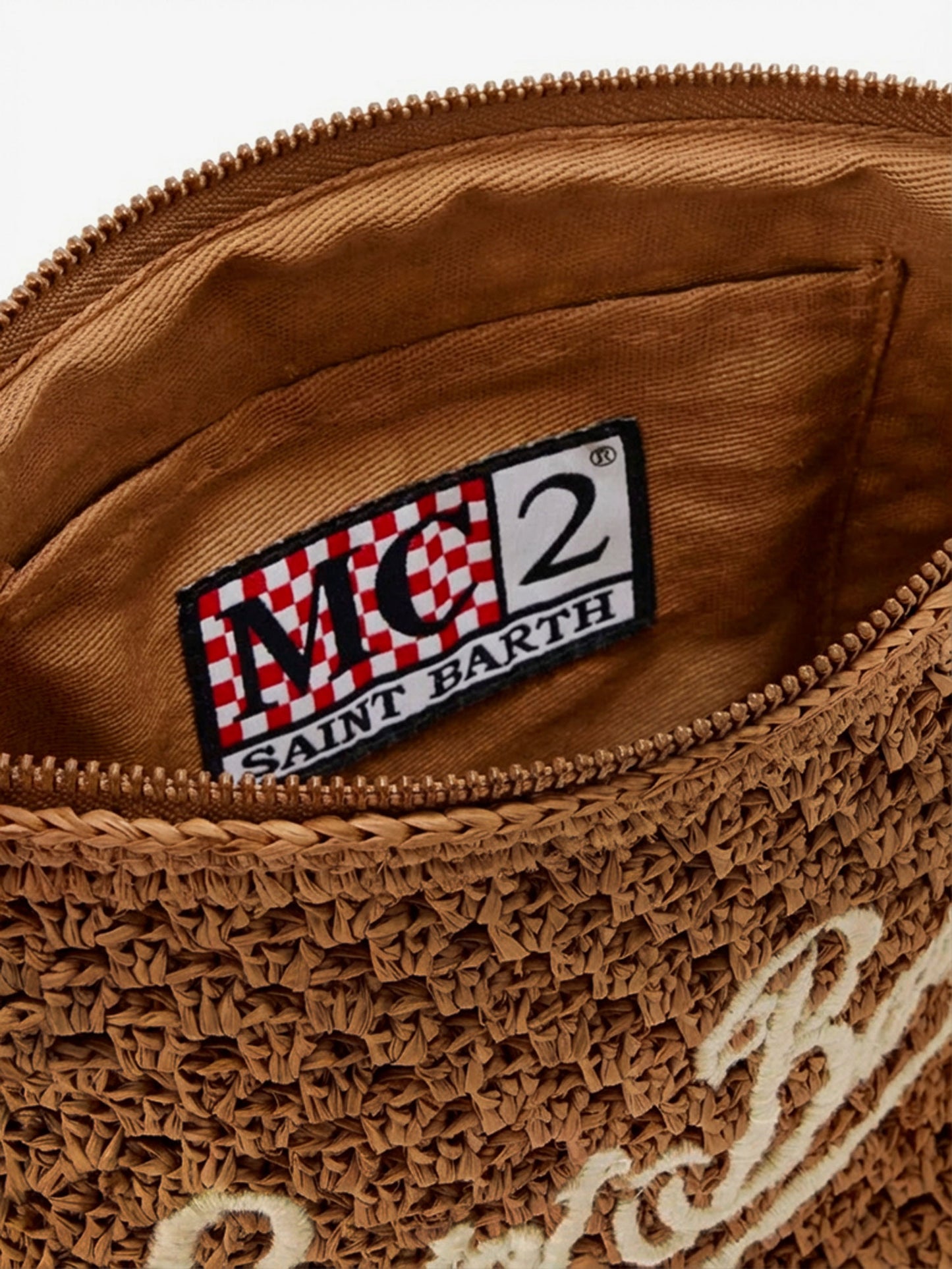 Woven raffia clutch with embroidered logo