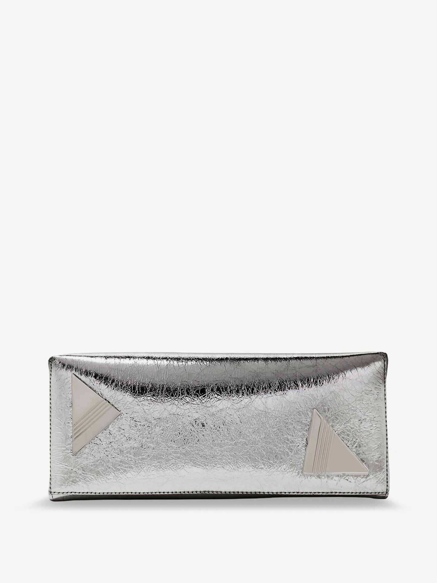 8.30 PM laminated leather clutch bag with logo engraved on the bottom