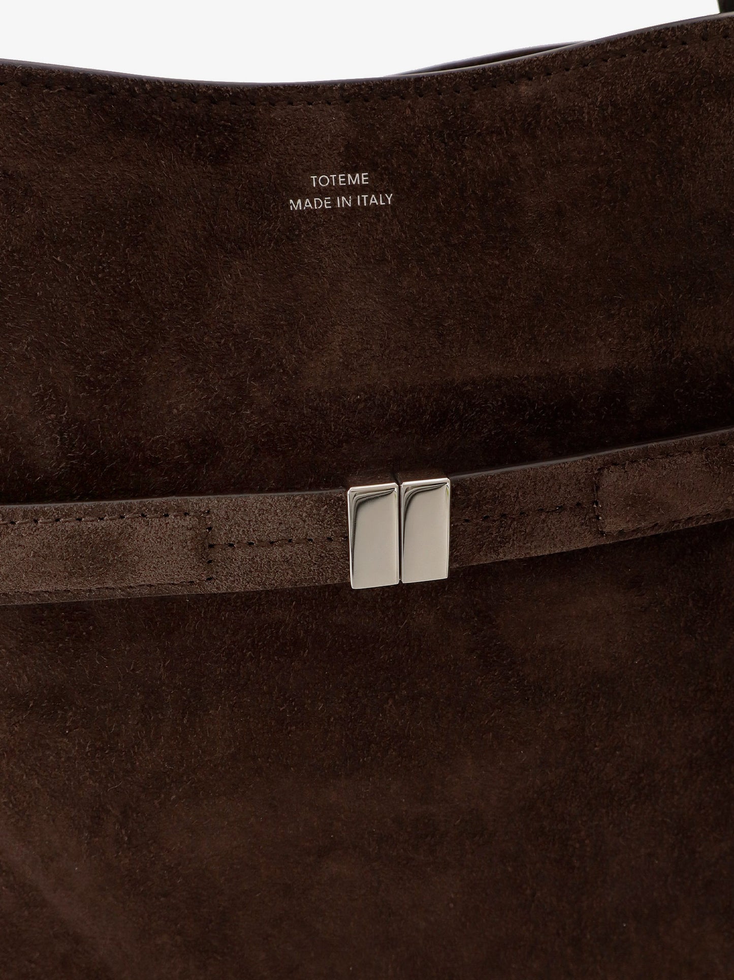 Belted suede bucket bag