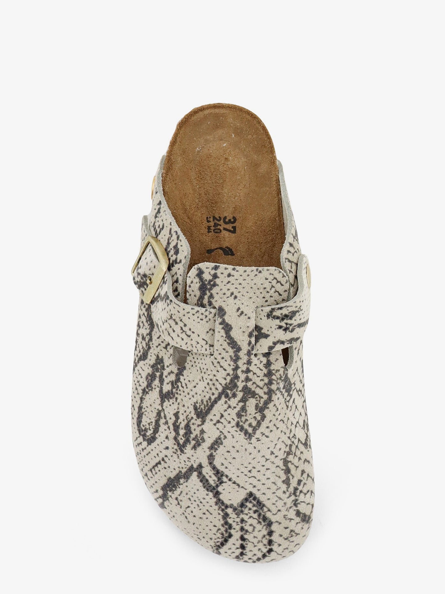 Boston suede sabot with python print