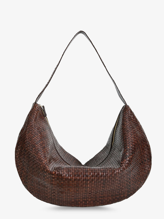 Clip vegetable-tanned leather shoulder bag with a woven pattern