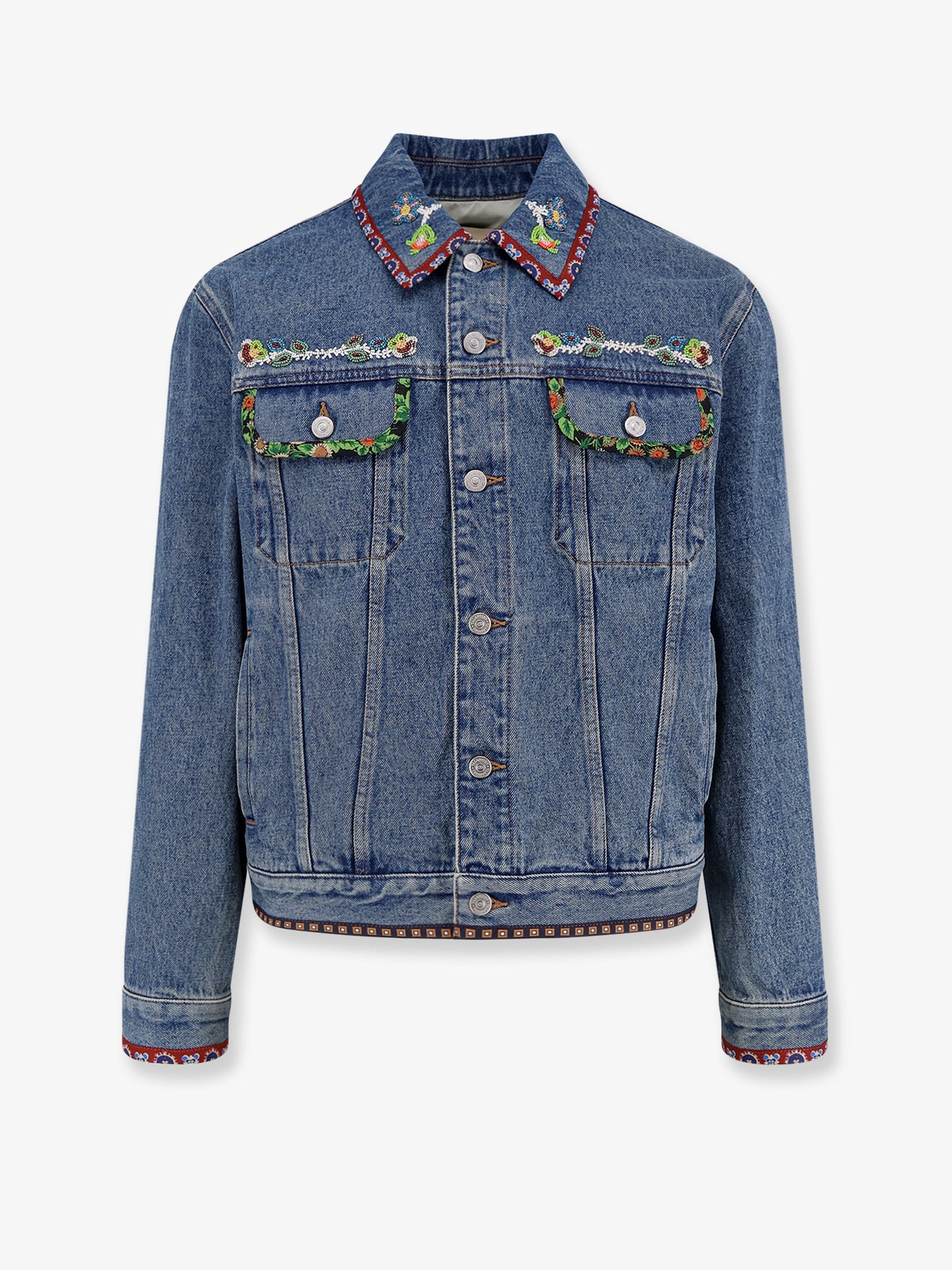 Denim jacket with multicolor embroidery