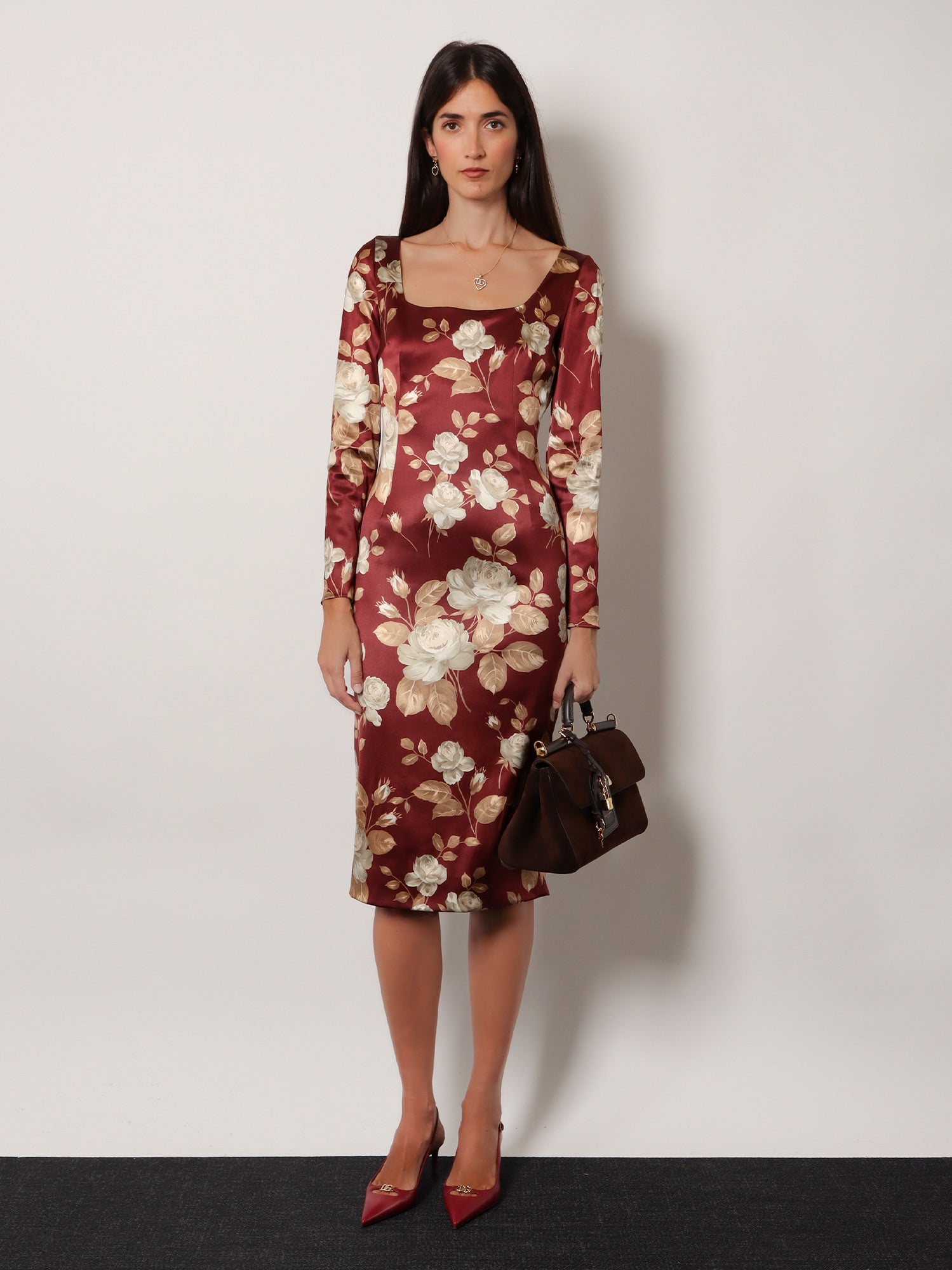 Vintage rose print satin midi pencil dress DOLCE & GABBANA