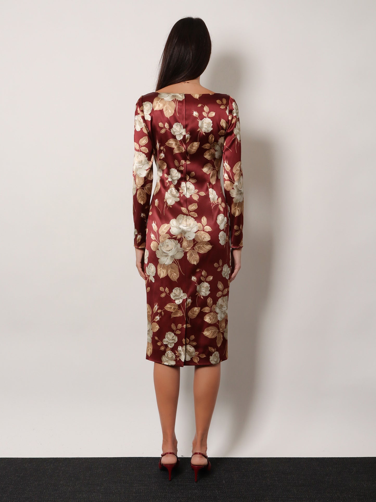 Vintage rose print satin midi pencil dress