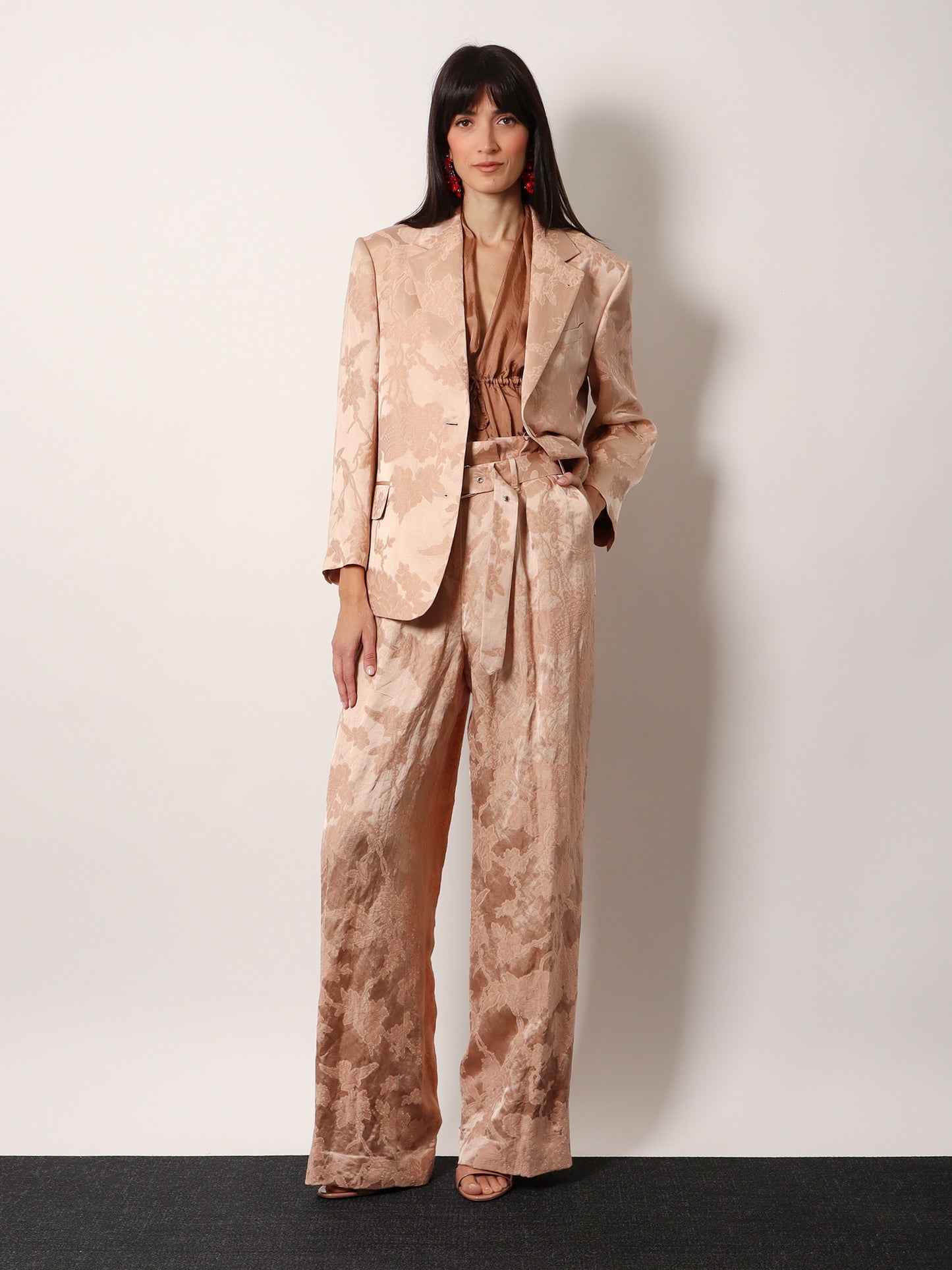 Jacquard linen blend blazer with floral motif