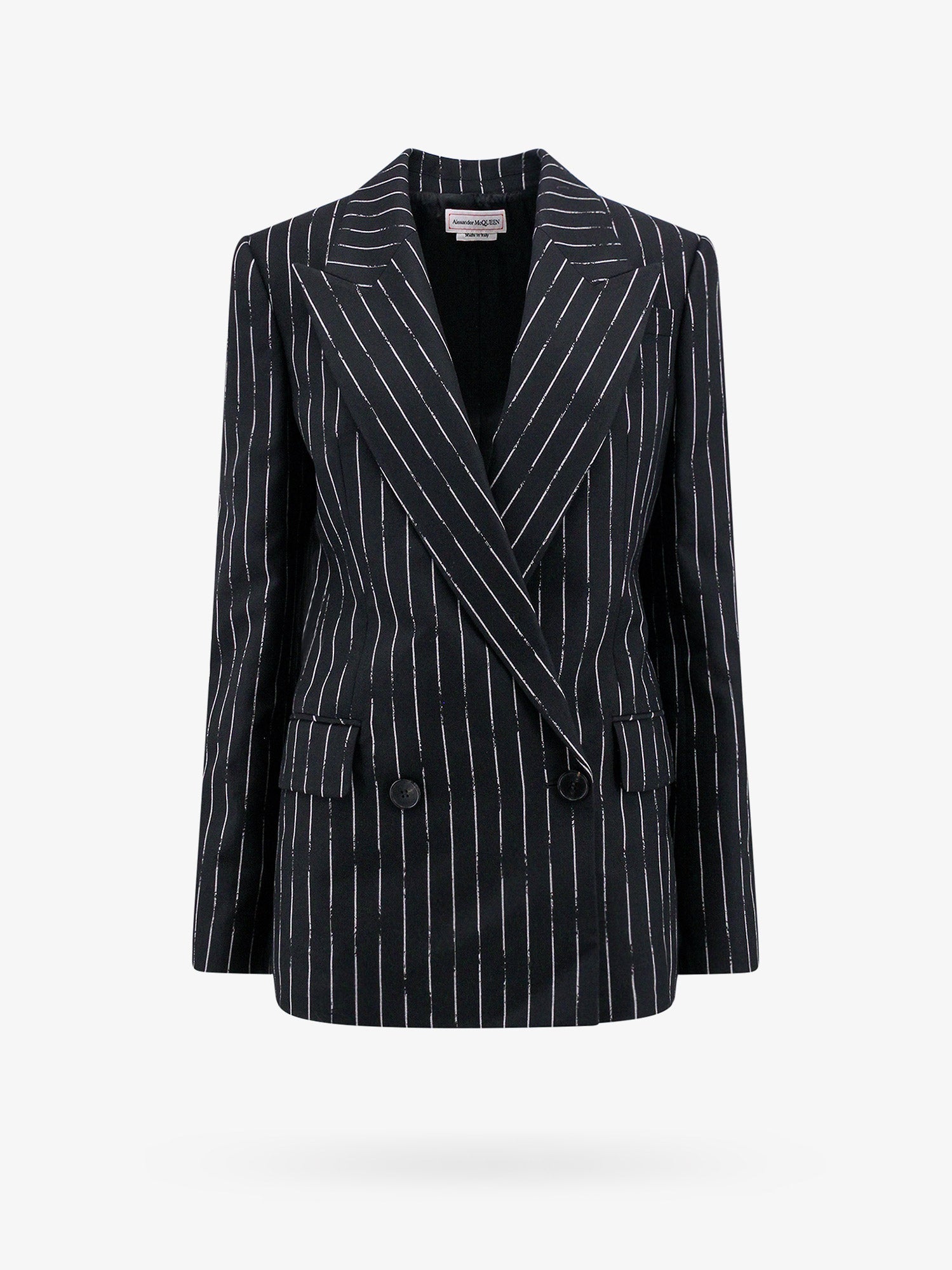 Double breasted broken pinstripe blazer