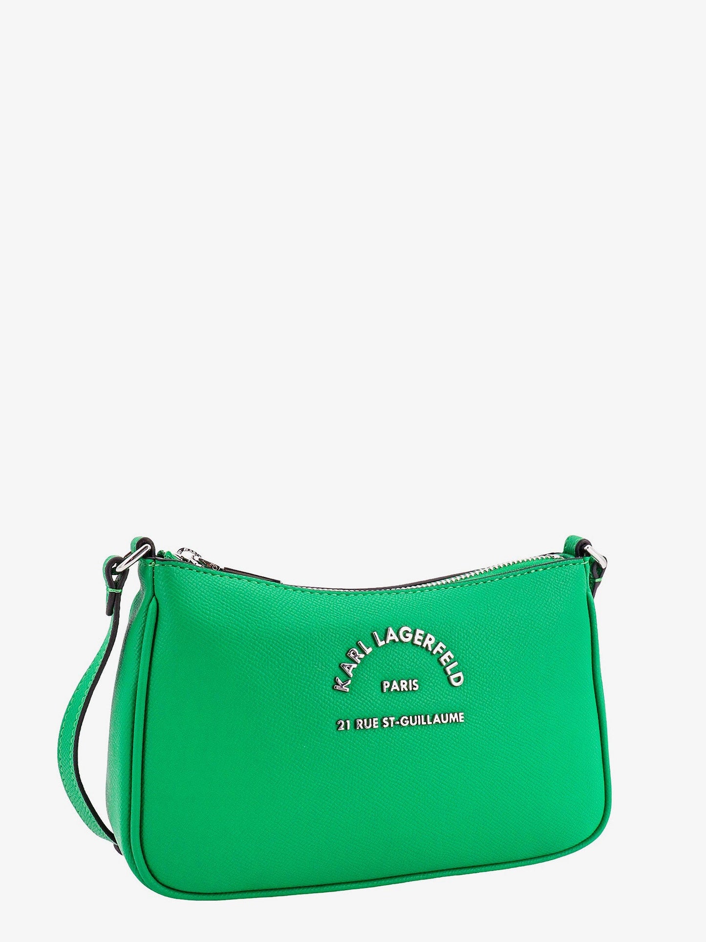 Leather shoulder bag with frontal metal logo