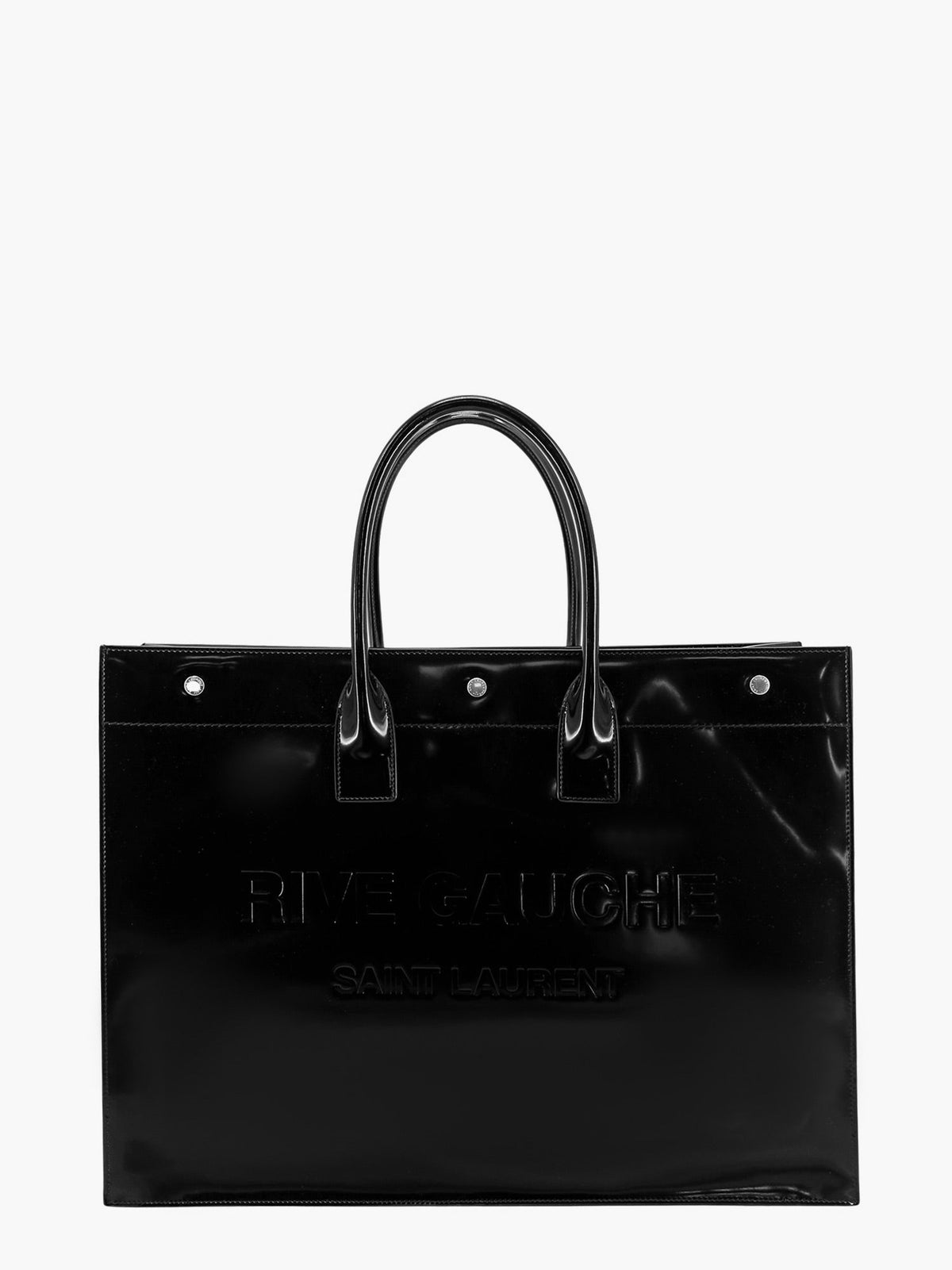 Patent leather handbag embossed logo