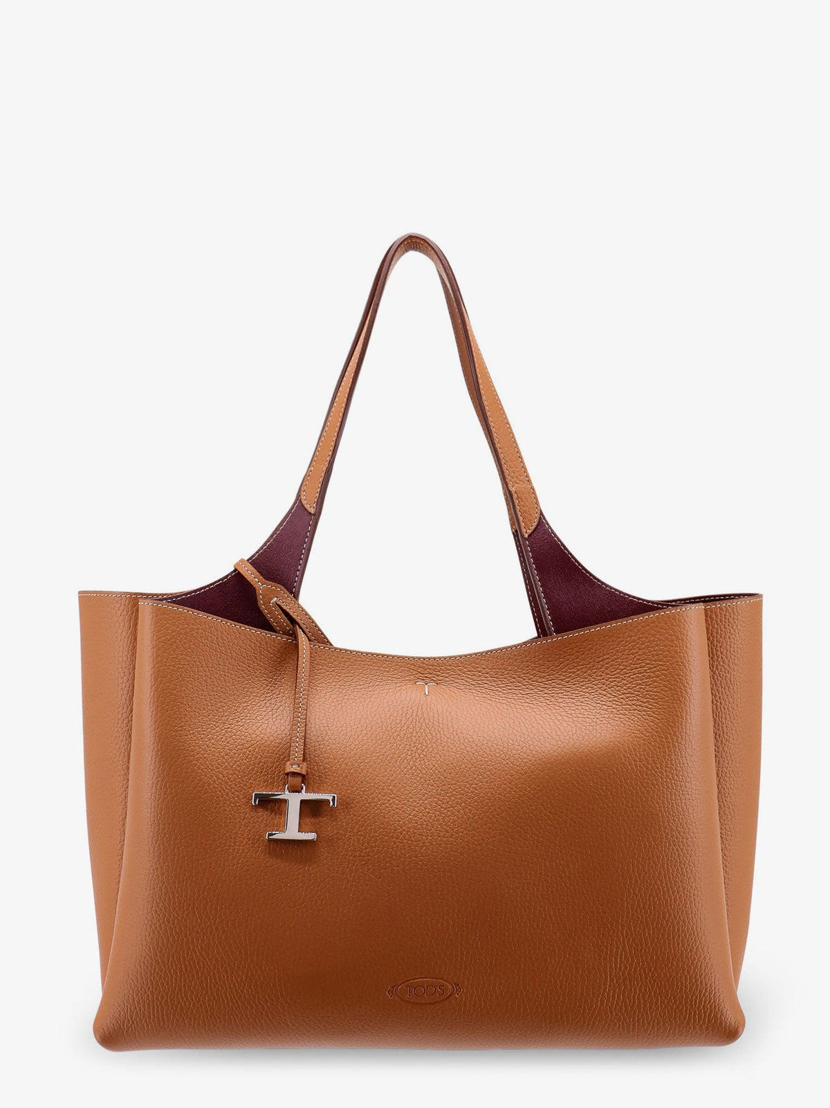 Medium leather shoulder bag double leather handle internal pockets logo engraving