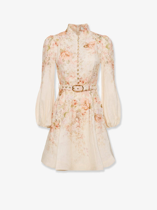 Linen dress with floral print and back zip