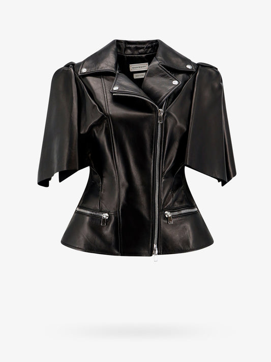 Sleeveless leather jacket with knotted drapery