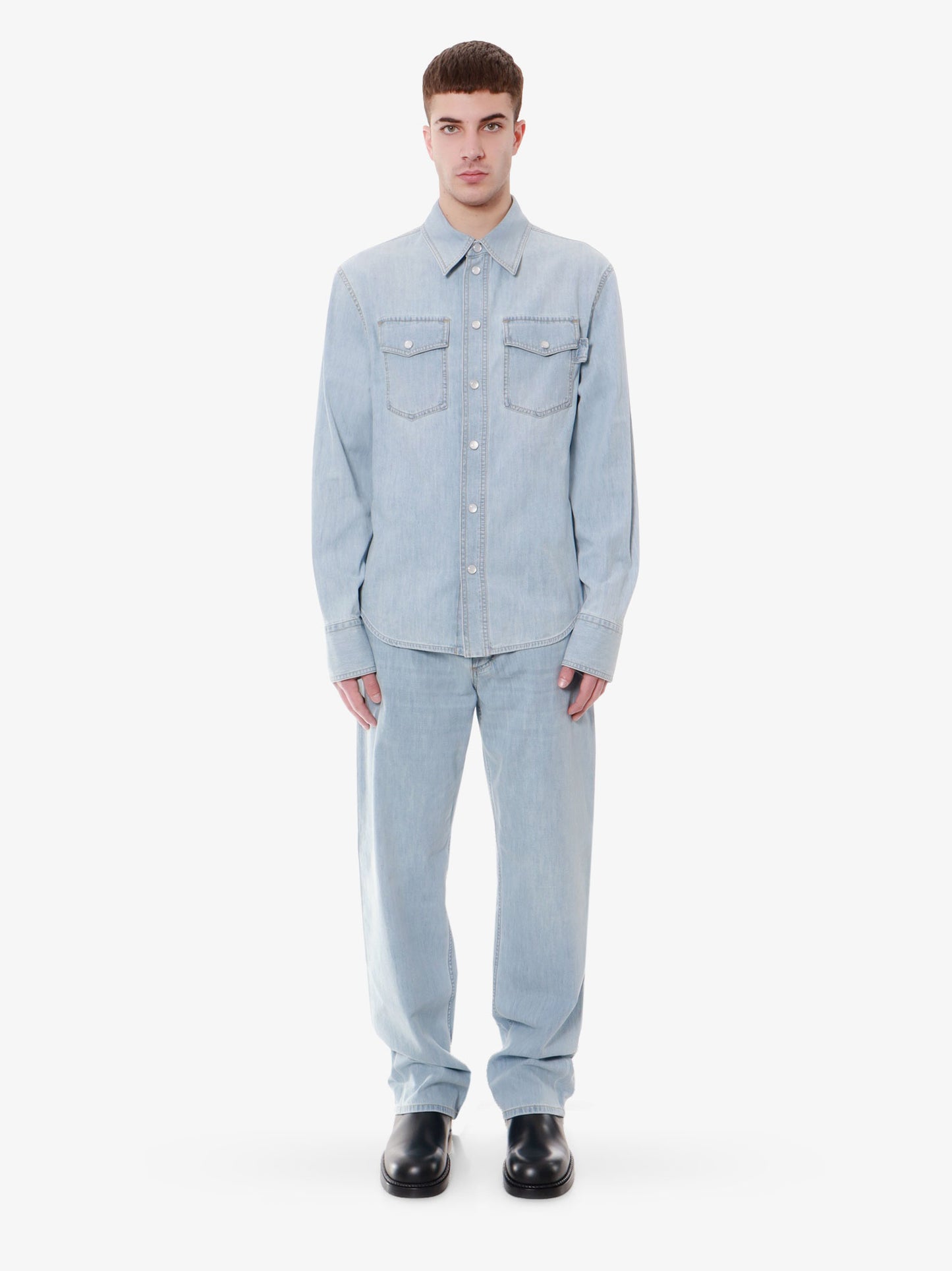 Denim shirt with mother-of-pearl buttons