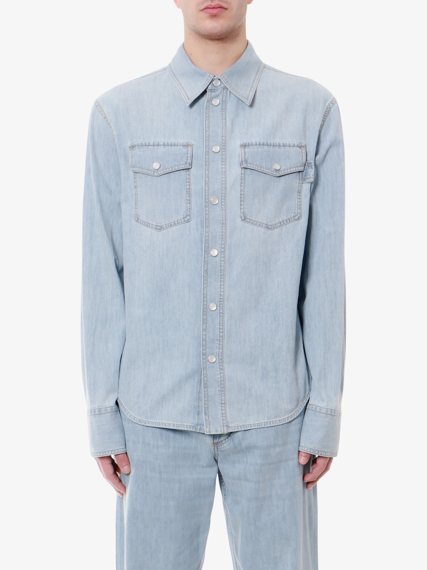 Denim shirt with mother-of-pearl buttons