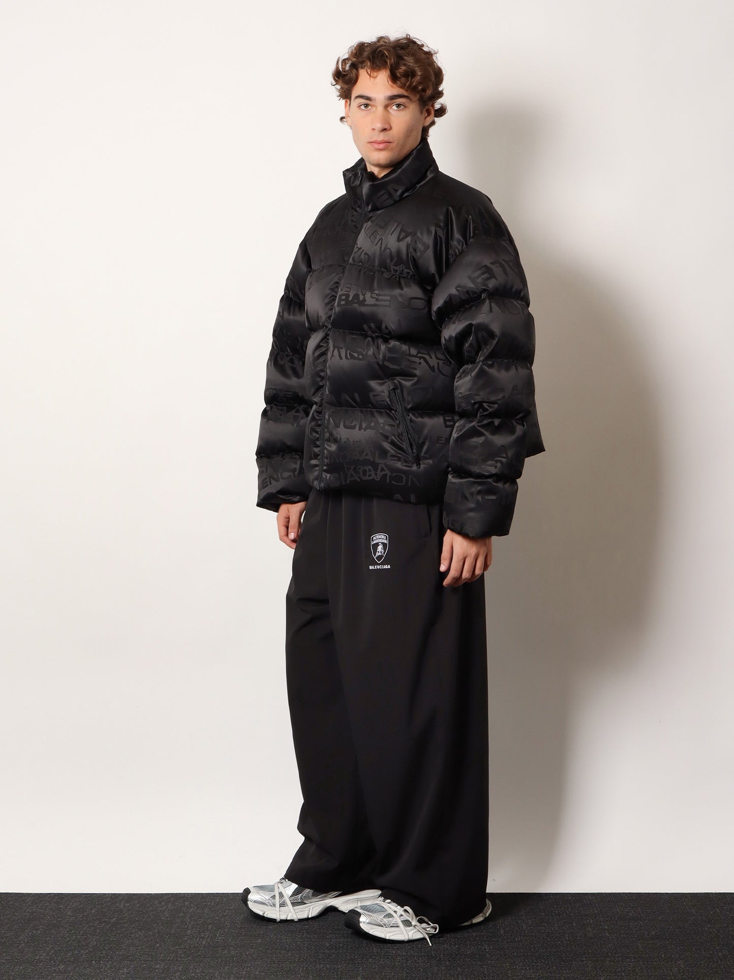 Nylon down jacket with all-over lettering logo