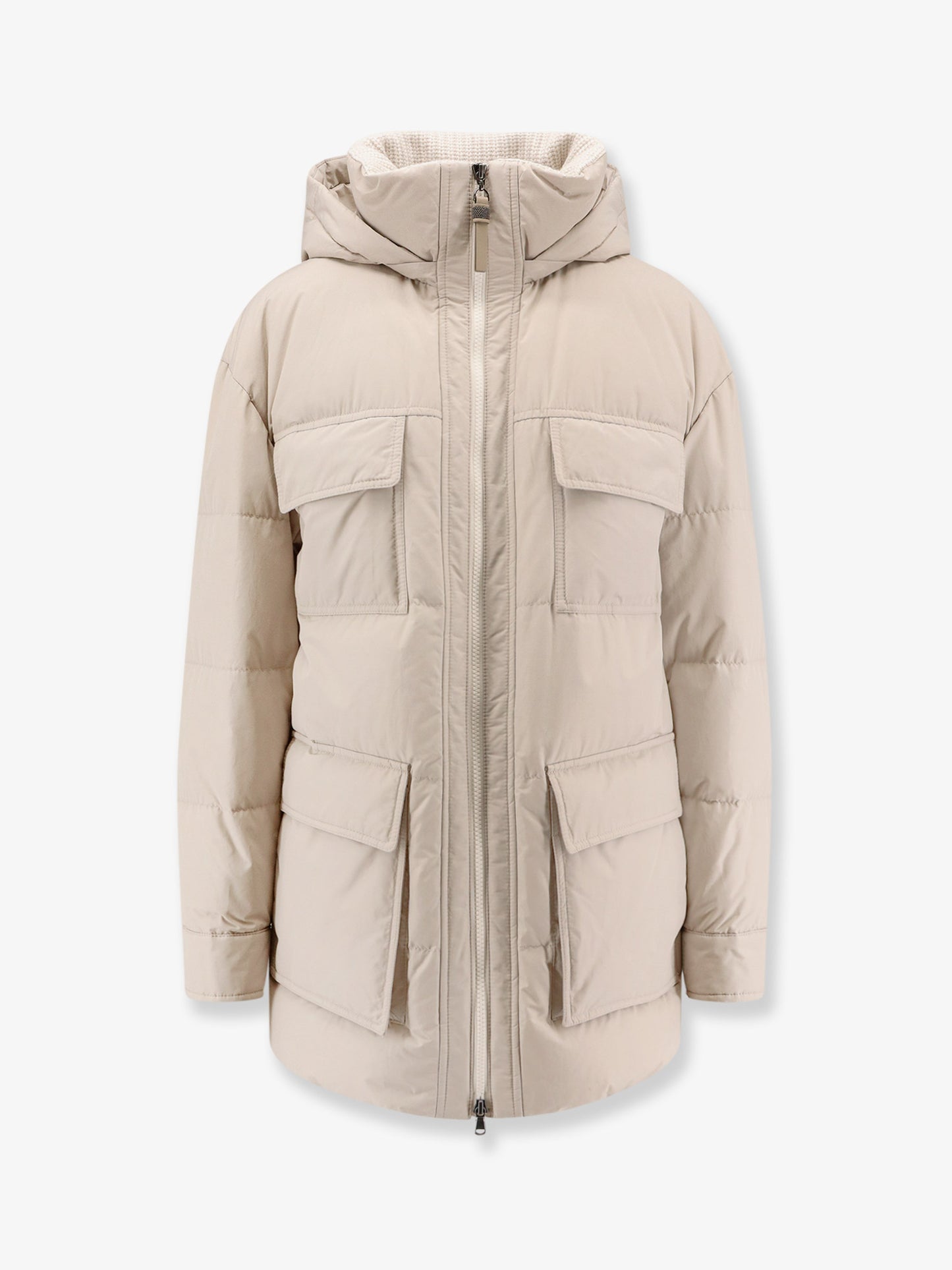 Nylon and cotton hooded down jacket