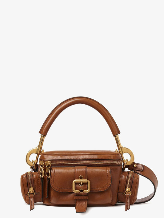 Small double carry leather bag with multipocket detail