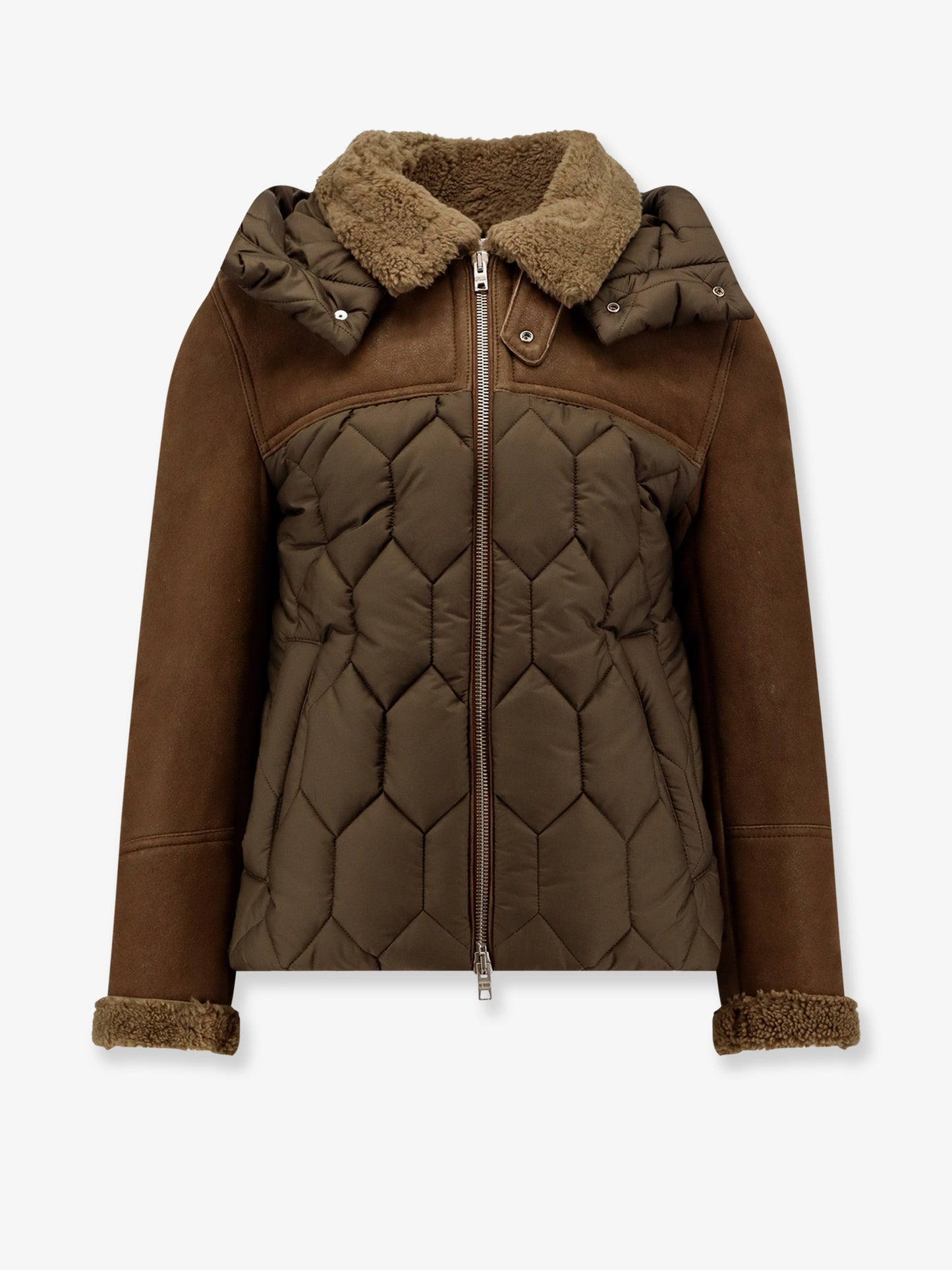 Padded nylon down jacket with leather inserts