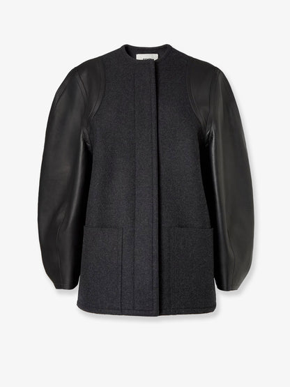 Virgin wool coat with leather sleeves thumbnail