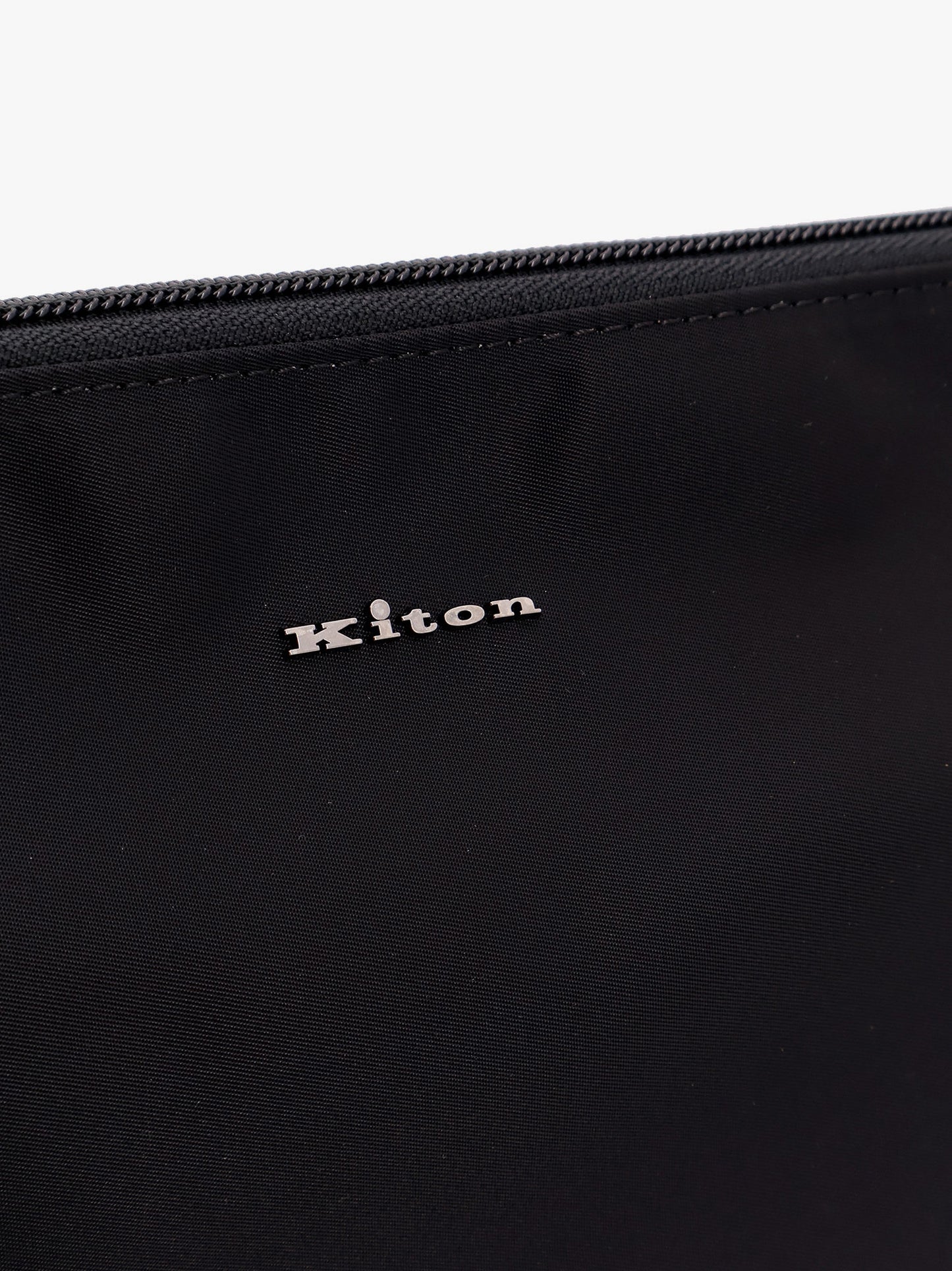 Nylon clutch bag with metal lettering logo
