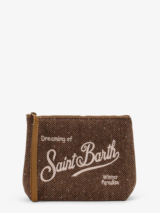 Aline Wool clutch with herringbone motif and rhinestones