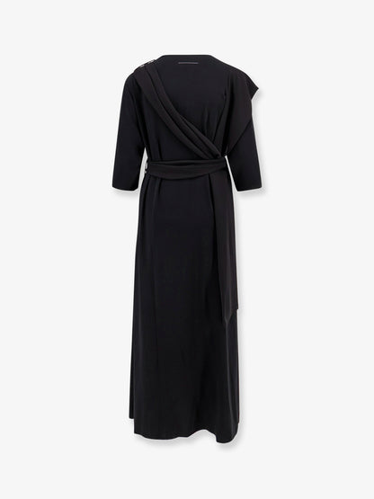 Long jersey dress with satin inserts thumbnail