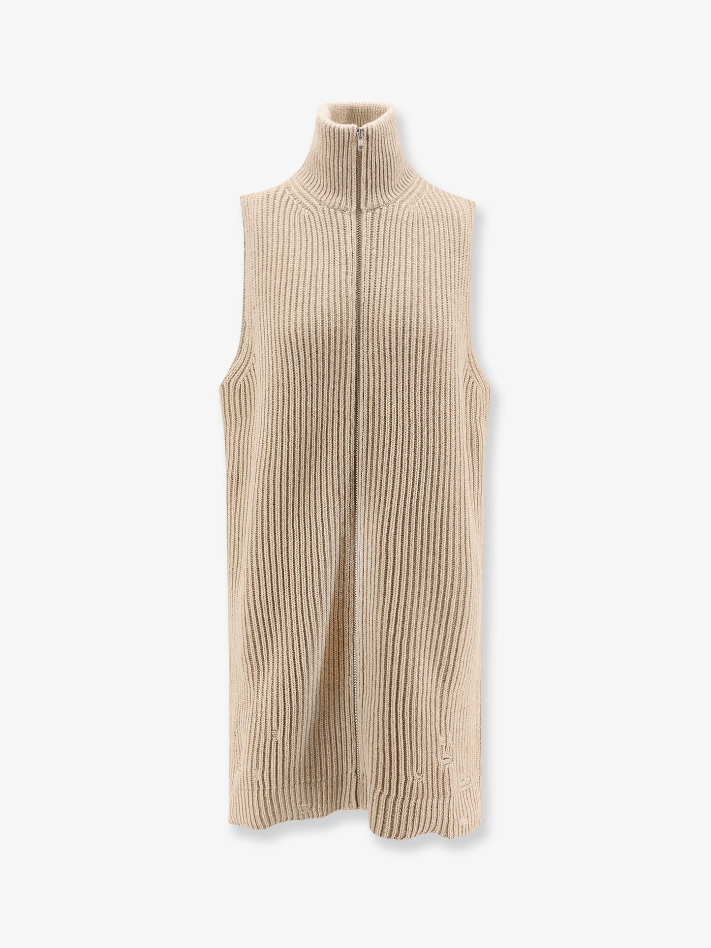 Sleeveless long wool blend cardigan with distressed effect