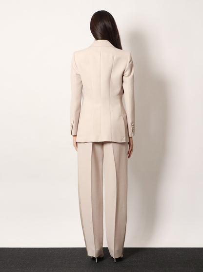 Double-breasted wool blend blazer with satin profiles thumbnail