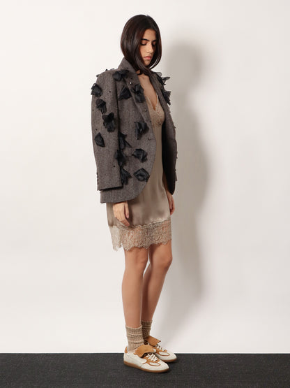 Wool blend blazer with rhinestones and flower patch thumbnail