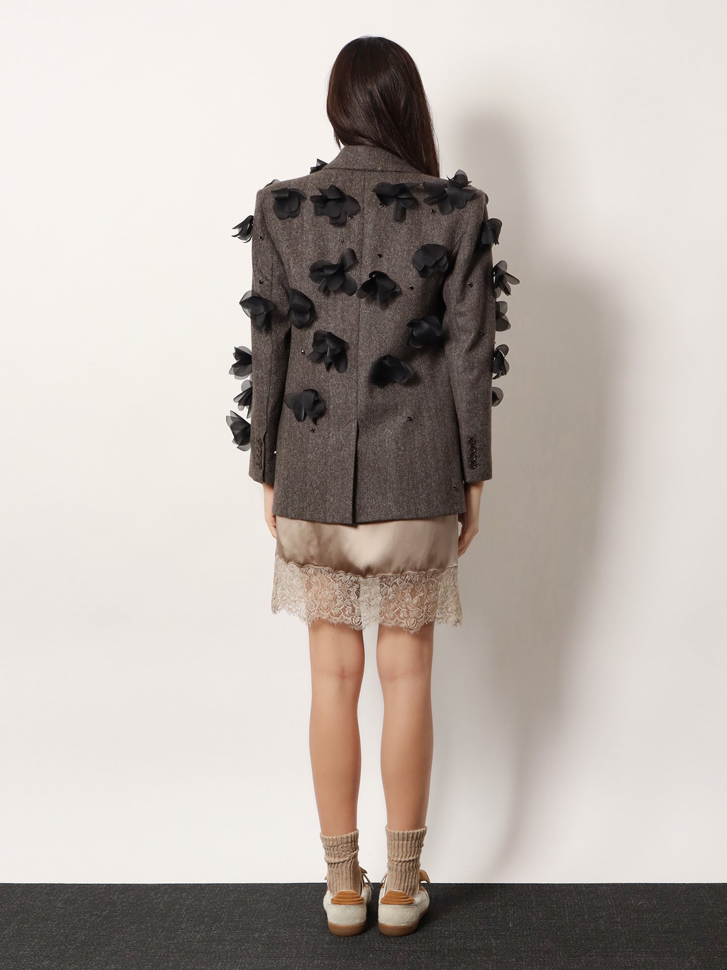 Wool blend blazer with rhinestones and flower patch