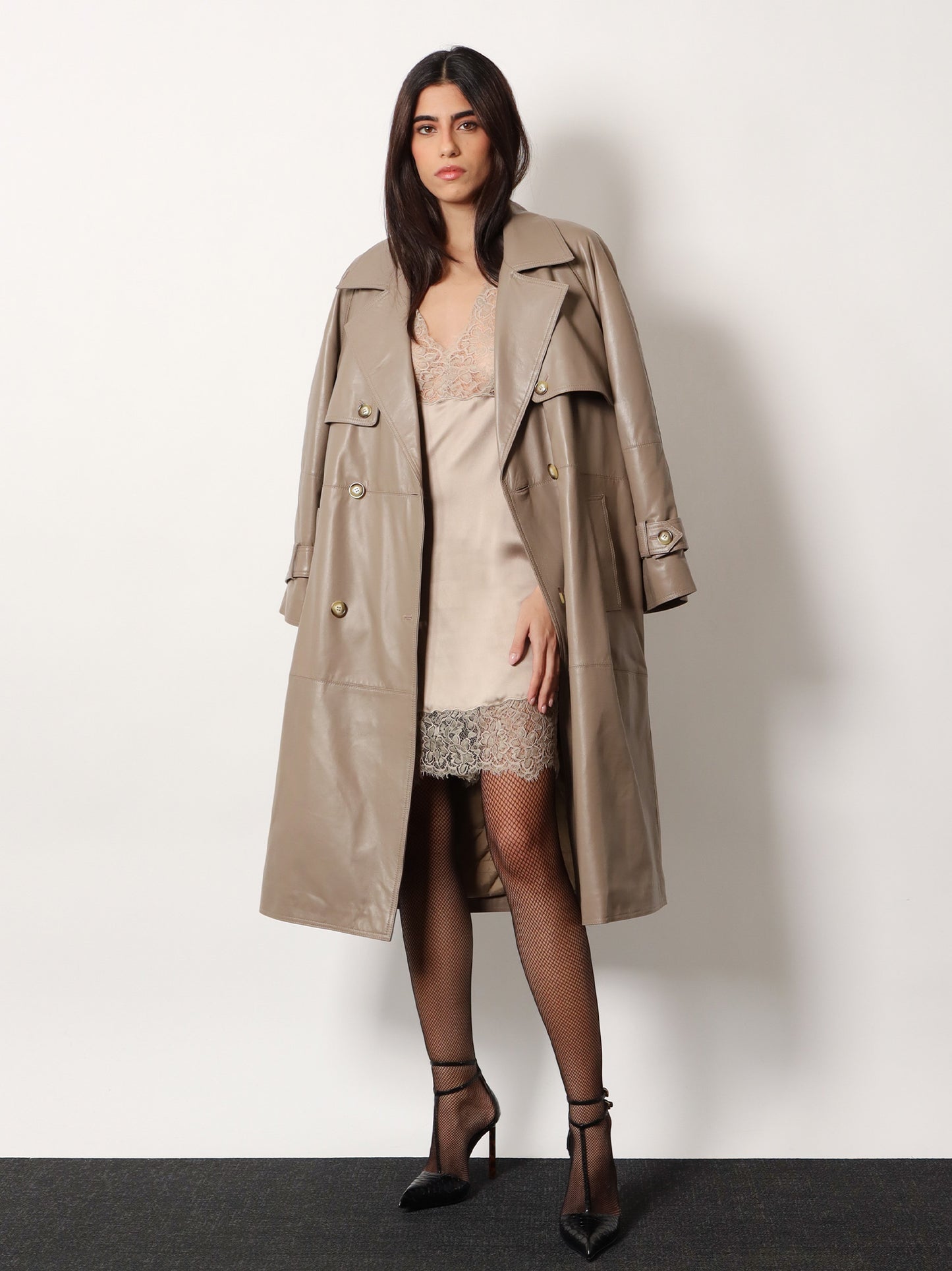 Satin short dress with lace inserts