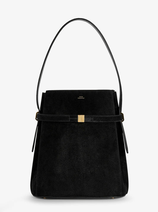 Suede shoulder bag with metal detail on the front