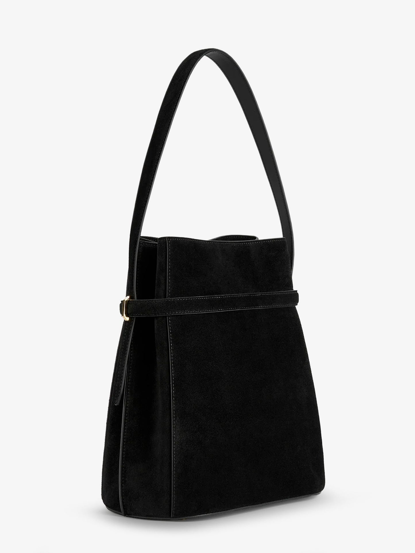 Suede shoulder bag with metal detail on the front