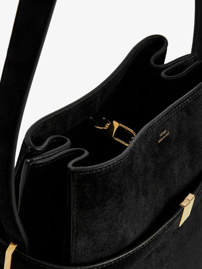Suede shoulder bag with metal detail on the front thumbnail