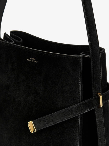 Suede shoulder bag with metal detail on the front thumbnail