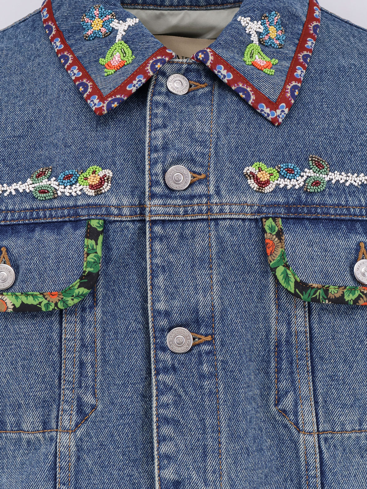 Denim jacket with multicolor embroidery
