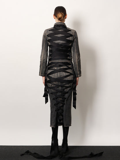 Denim jacket with satin laces thumbnail