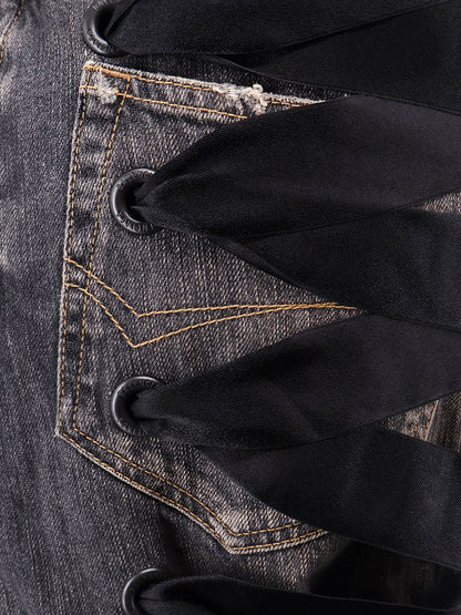 Denim skirt with laces interwining thumbnail