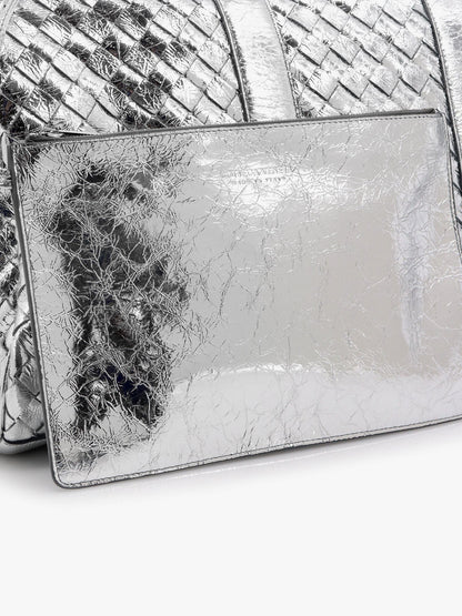 Silver leather duffle bag with intrecciato motif thumbnail