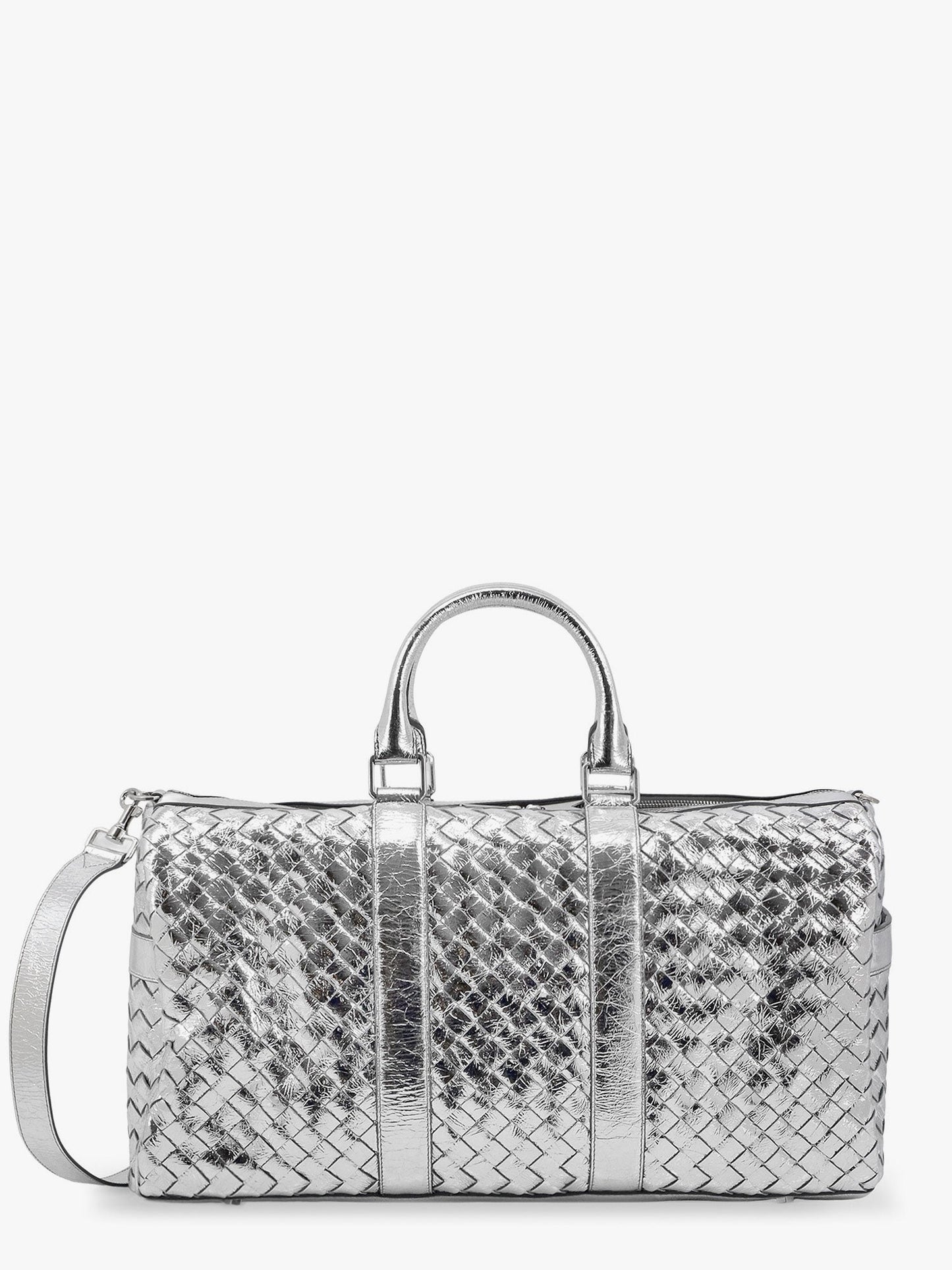 Silver leather duffle bag with intrecciato motif
