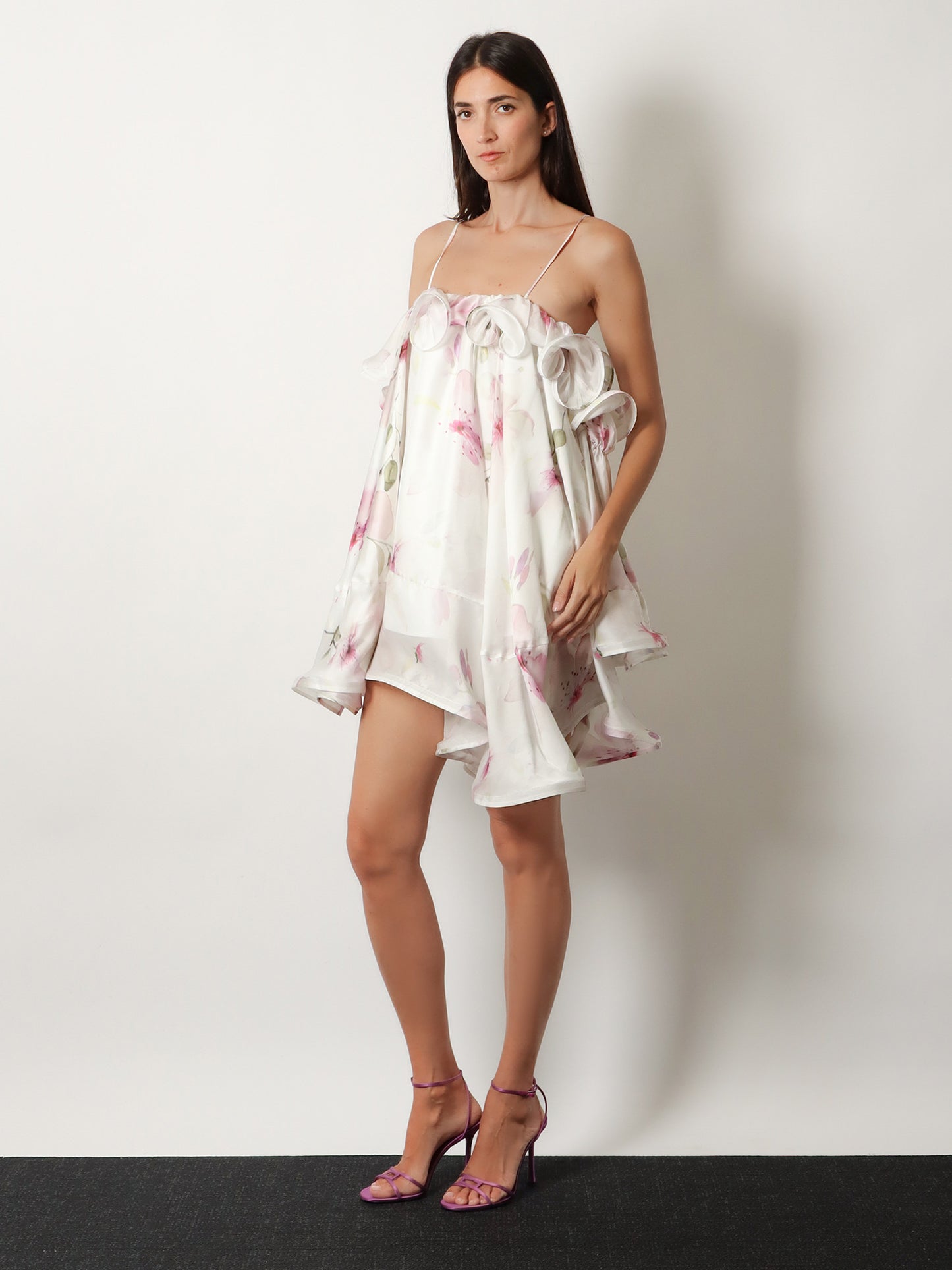 Satin mini dress with flounces