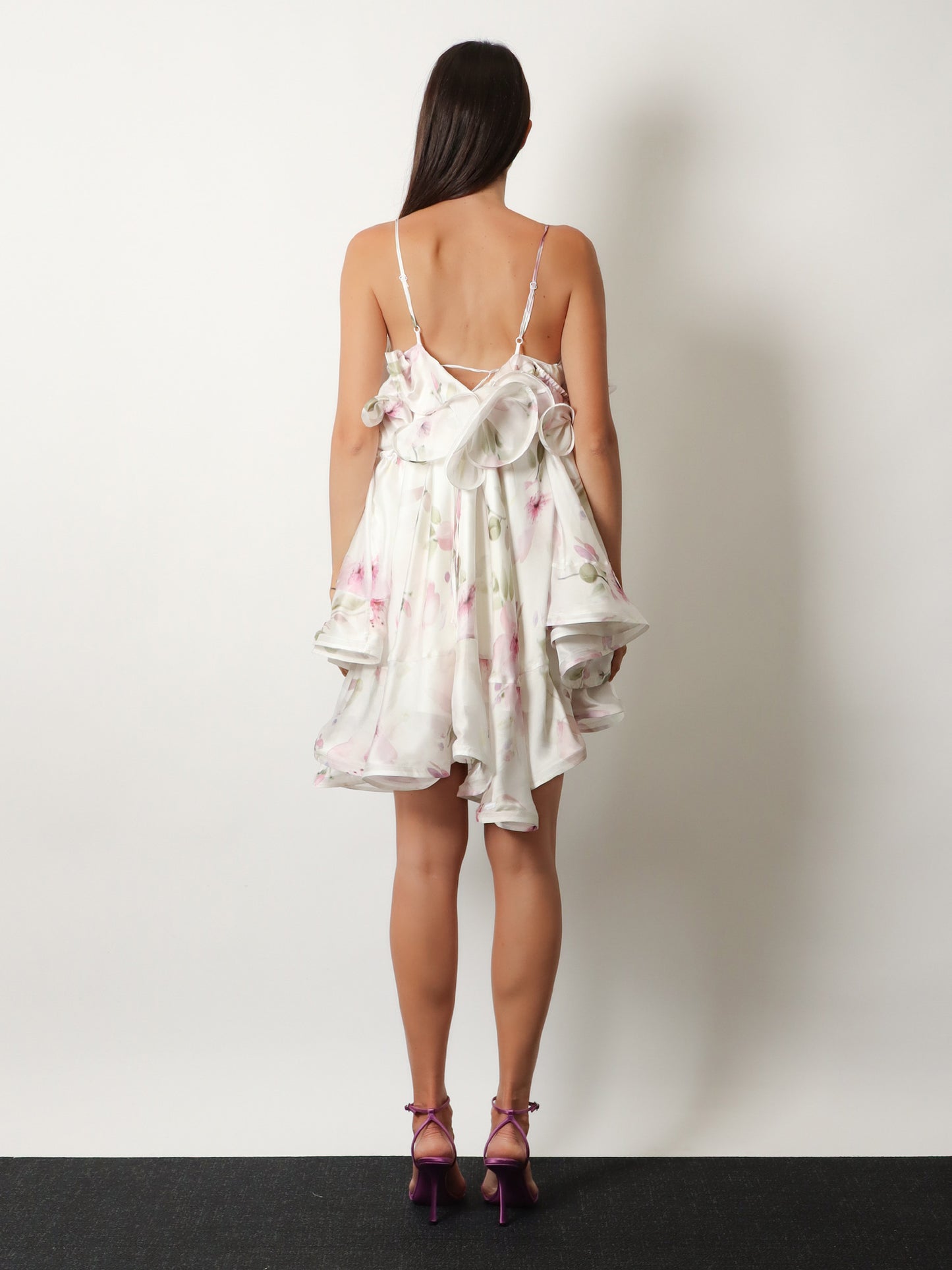 Satin mini dress with flounces