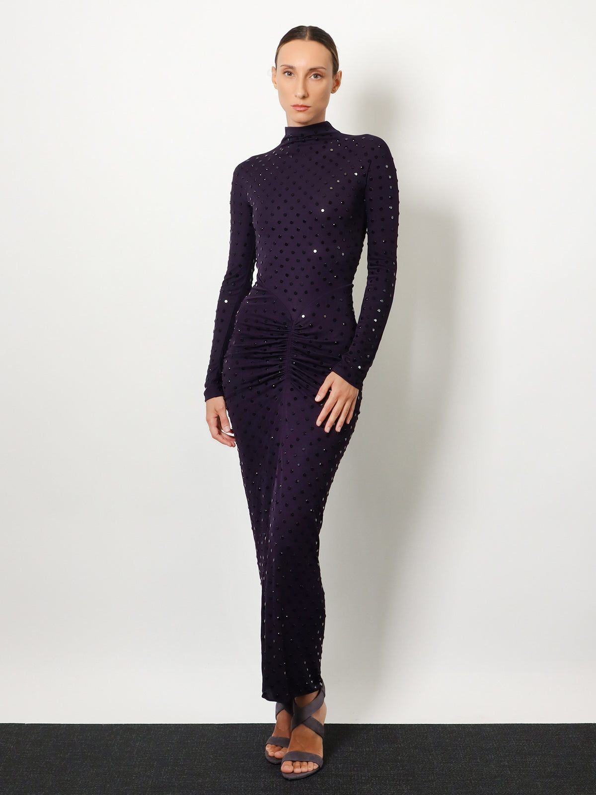 Long viscose dress with all-over rhinestones